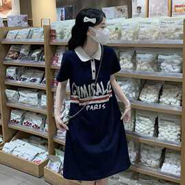 时尚字母印花Polo领连衣裙女夏季百搭宽松休闲减龄显瘦T恤裙微胖