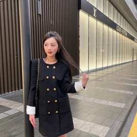 法式复古双排扣长袖直筒小个子黑色小香风连衣裙2024新款外套女