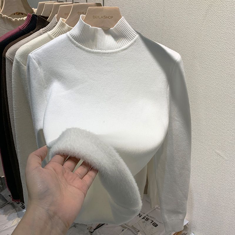 秋冬加绒毛衣女加厚一体绒内搭大码半高领套头打底针织衫保暖上衣