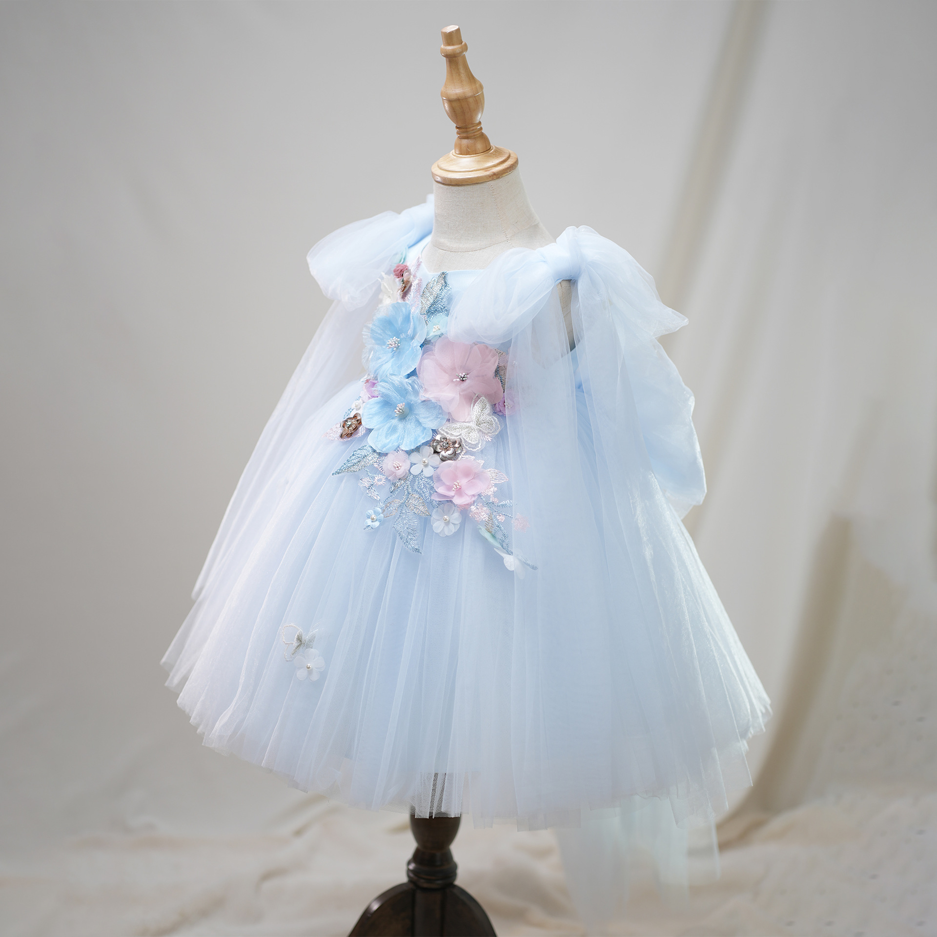 雅林达丝儿童重工礼服蓝色贴花中大童蓬蓬裙女童生日聚会公主裙子