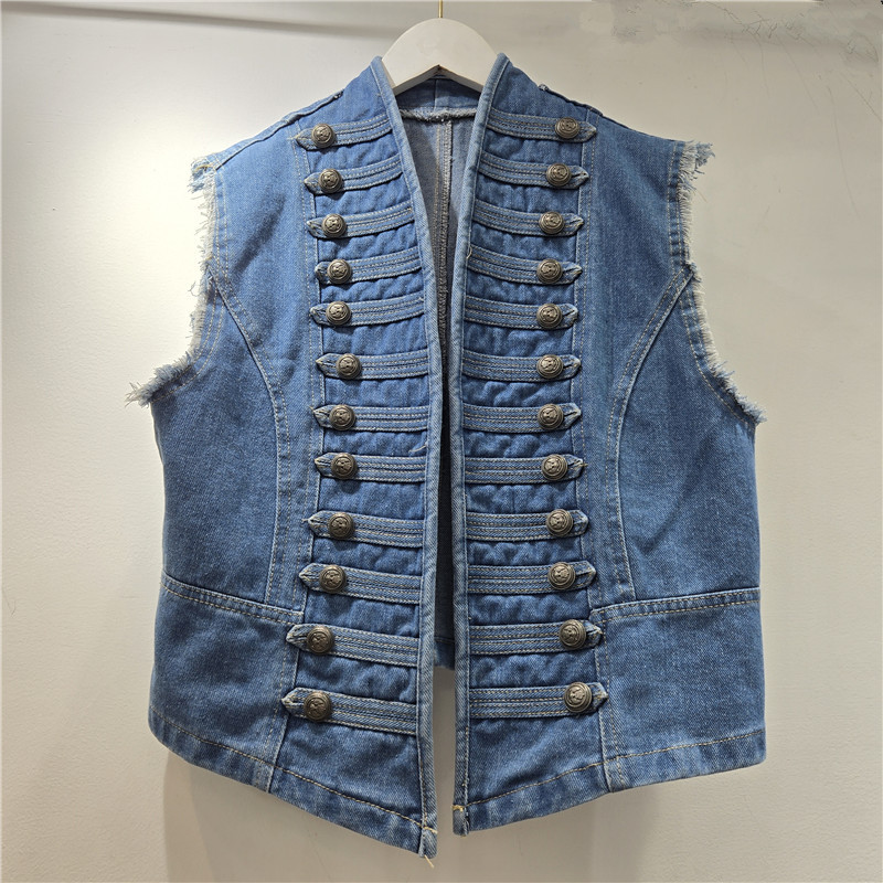 Nuevo estilo americano de estilo retrógrado corte de moda delgada industria pesada hebilla tridimensional sin mangas de cuello chaleco de mujer moda