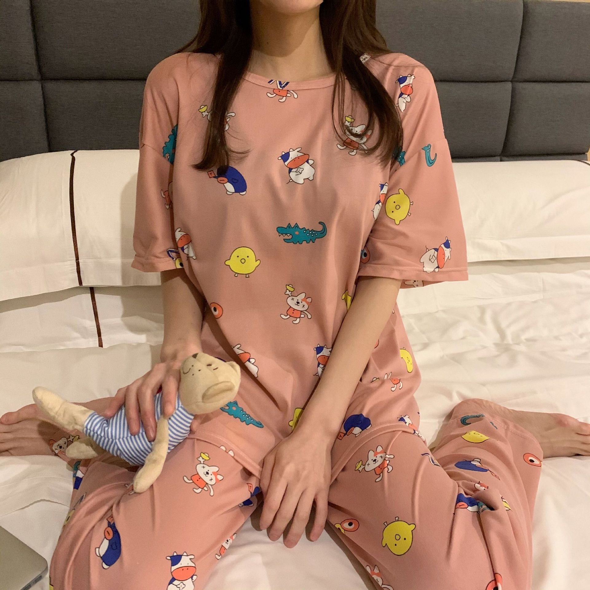 Pijamas primavera y otoño de las mujeres de verano Pantalones de manga corta más el tamaño flojo estilo coreano fresco lindo estudiante dulce traje de desgaste para el hogar