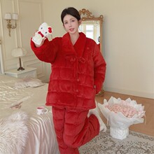 睡衣女冬纯色保暖三层夹棉加绒中国风长裤长袖短款套装家居服