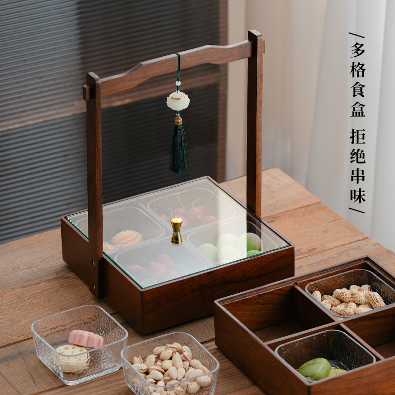 Nuevo estilo chino de nueces de madera seca bandeja de frutas casera sala de estar mesa de té semillas de melón dulces caja de nueces caja de almacenamiento de madera sólida