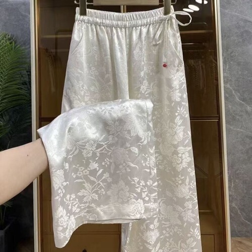 National style jacquard satin pants, Chinese style wide-leg pants, women's spring and summer new style, high waist, drooping, slimming, straight, casual and loose