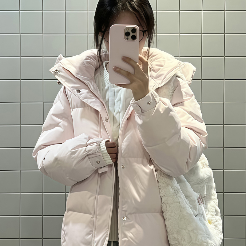 2025 Winter New Women's down Jacket for Arts Exam, Short Style, White Duck Down, Pink, Student, Loose Fit, Thickened Puffer Jacket