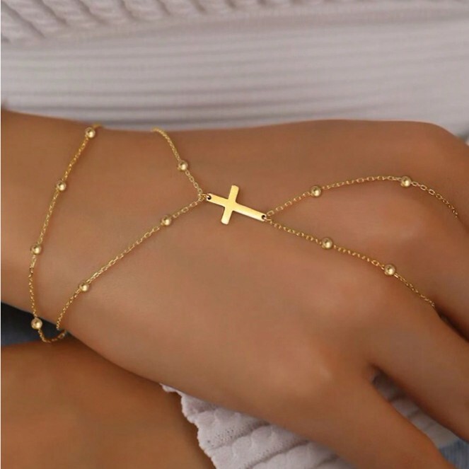 Cross-border European and American fashion simple double beaded cross bracelet layered metal cross finger chain jewelry wholesale