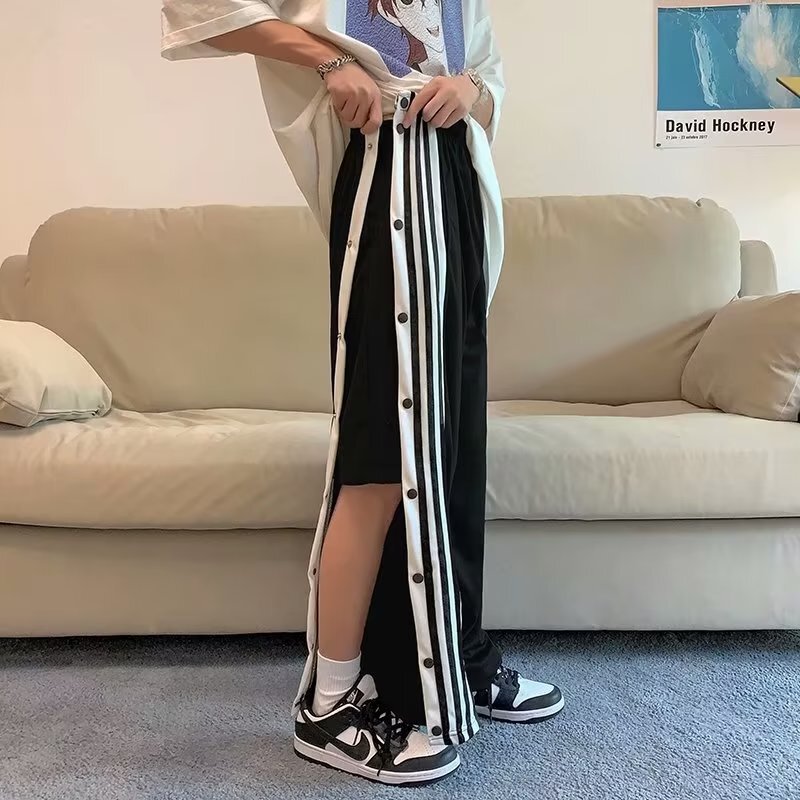 Lightweight side-open button-up pants for men, straight-leg, summer, trendy basketball cropped three-stripe sports harem pants
