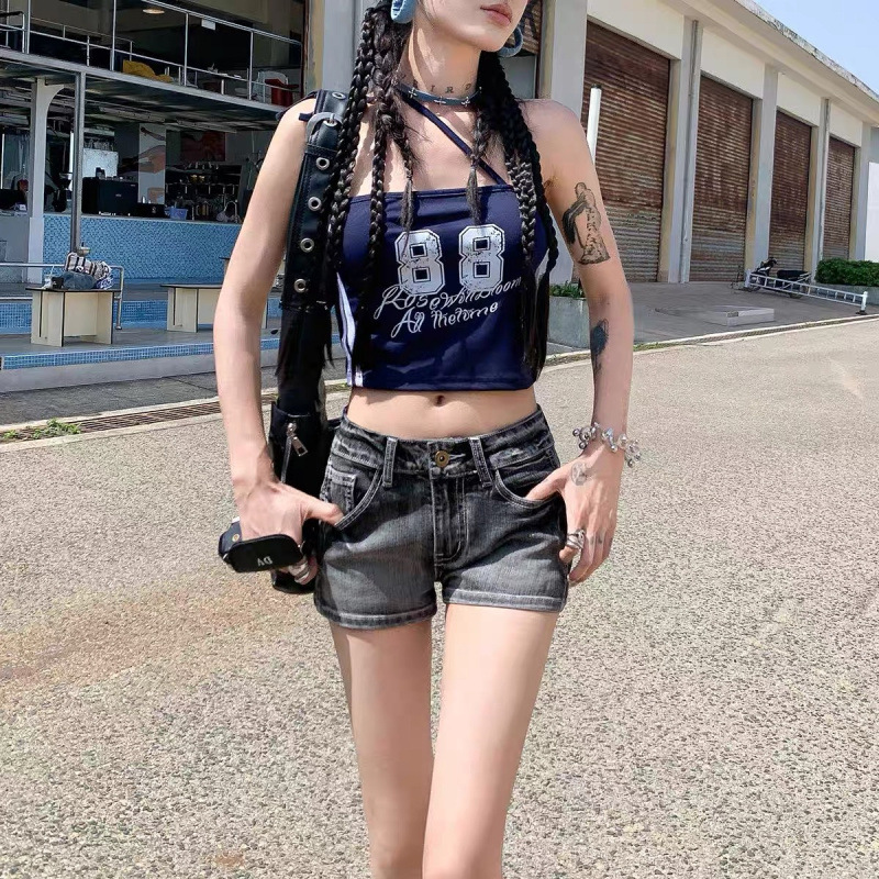 美式复古辣妹低腰牛仔短裤女夏季2025新款设计感修身高街弹力热裤|undefined