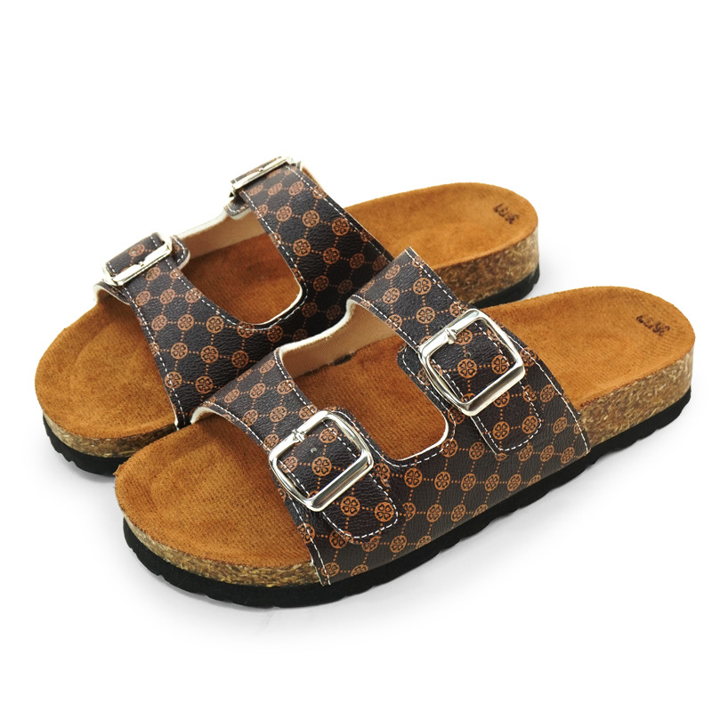 Unisex Summer Flat Sandals With Double Buckle, Thick Sole, Leopard Print, Cork, Women's Cross Body Sandals_voghion.com