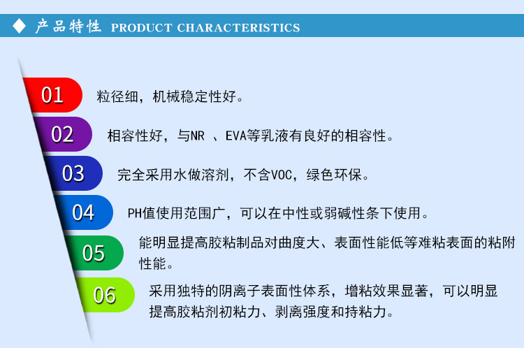 以改性松香聚酯、高分子表面活性剂为原料，经特殊均质工艺乳化而成的一种高固含量乳液，制备过程不使用任何有机溶剂，属绿色水性增粘剂。由于采用高分子乳化剂，故具有显著增粘效果和广泛的相容性，用于各类水性粘合剂的增粘或增稠。