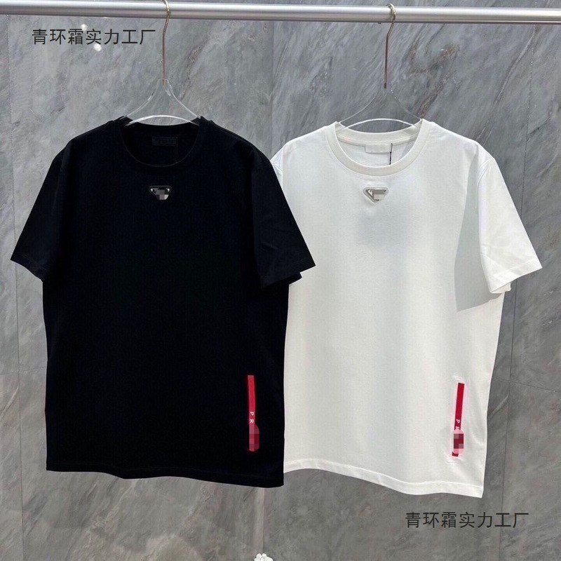 Summer High-End Trendy Brand Short-Sleeve T-Shirt with Round Neck, Classic Top with Triangular Logo and Vertical Red Stripe, Fashionable and Versatile for Casual Wear Summer High-End Trendy Brand Short-Sleeve T-Shirt with Round Neck, Classic Top with Triangular Logo and Vertical Red Stripe, Fashionable and Versatile for Casual Wear