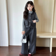 女童套装儿童秋装2025新款时髦马甲打底衫裤子大童韩系休闲三件套