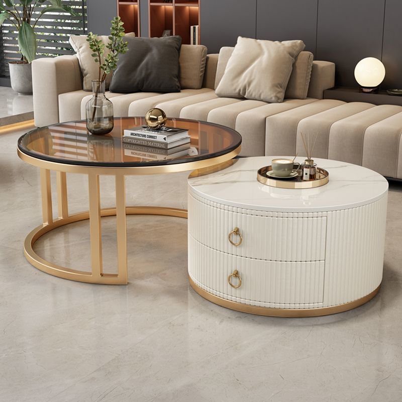 브라운 유리 스노우 마운틴 화이트/골드 프레임 스트라이프 커피 테이블 [더블 펌프스]