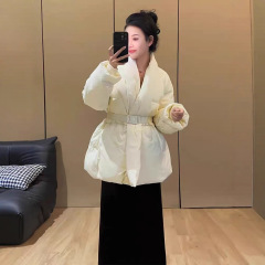 跨境秋冬新款国风设计V领收腰羽绒服女短款系带中式白鸭绒外套潮