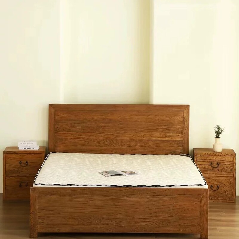 Old Elm Wood Bed Solid Wood Chinese Style Single and Double Bed 1.5 1.8m Modern Minimalist Bedroom Furniture Antique Mortise and Tenon