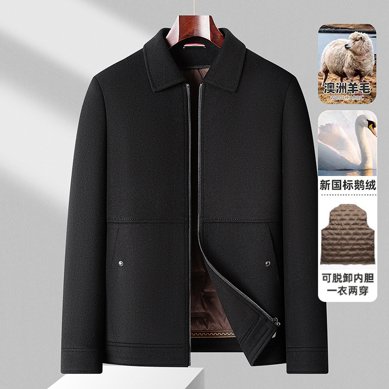 Men's Woolen Lapel Jacket 2025 Autumn and Winter New Style Middle-Aged and Elderly Business Casual Removable Goose down Liner Jacket