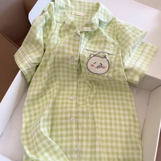 Plaid Self-deprecating Bear Pajamas Women's Summer New Short-sleeved Shorts Japanese Style Cute Student Home Clothes suit Outer Wear