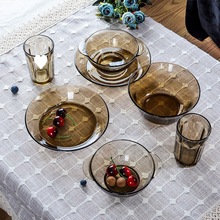 茶色玻璃雙耳碗碗盤套裝家用歐式加厚盤子水果沙拉米飯麥片獨立站