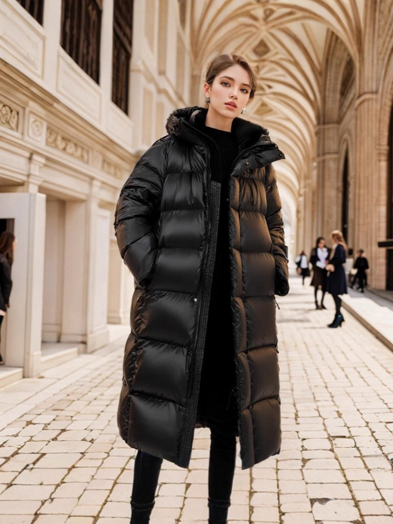 Pinghu abajo chaqueta mujer invierno mujer alta sensación media larga nuevo estilo negro oro coreano chaqueta de pato con capucha HD