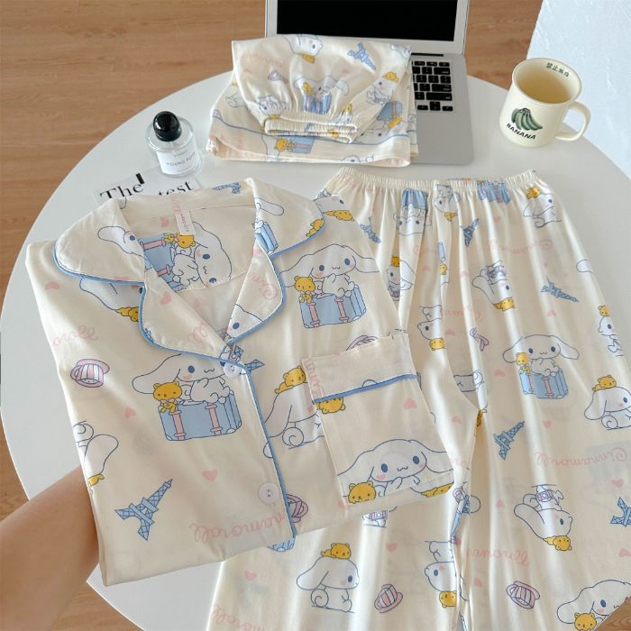 Pijamas de algodón de imitación de tres piezas 160G pantalones cortos de manga corta de verano para mujer
