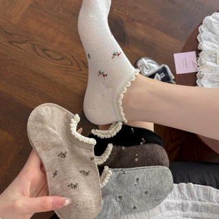 春夏温柔碎花船袜子女韩系甜美花边不掉跟浅口短袜镂空透气隐形袜