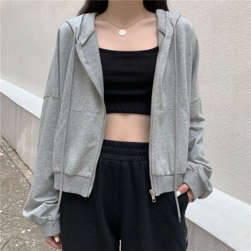 2025秋季新款宽松韩版薄款长袖连帽卫衣开衫外套女潮ins短款上衣|undefined