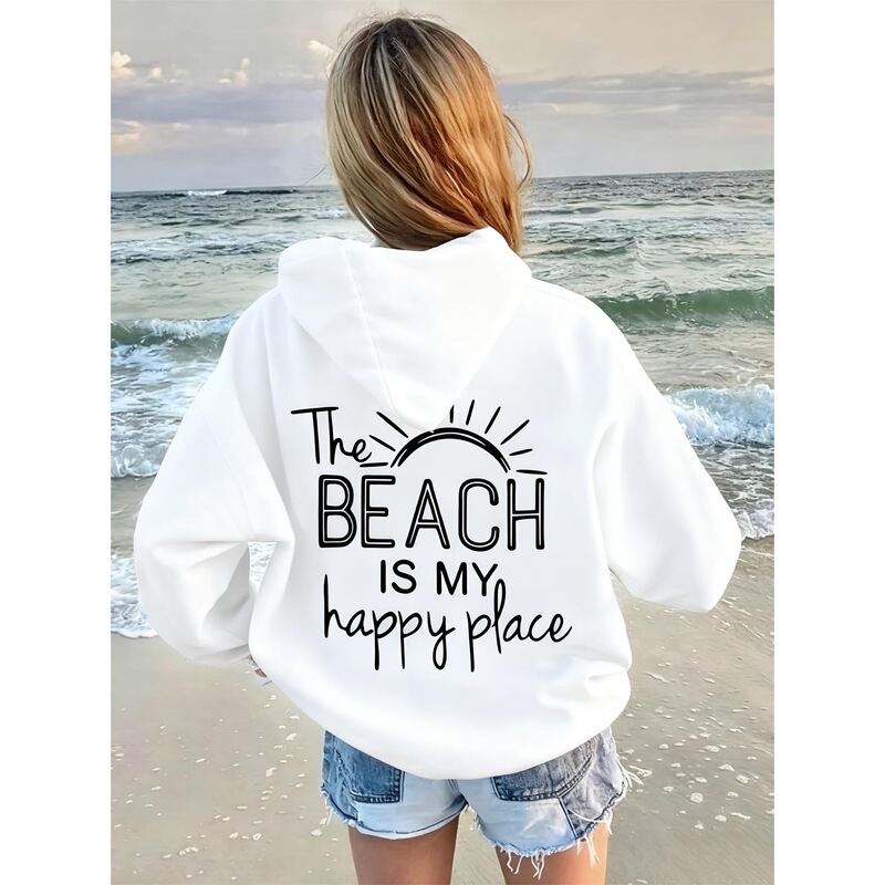 【European Size】The Beach Is My Happy Place Printed Hoodie, Fashionable and Comfortable with a Sun Graphic 【European Size】The Beach Is My Happy Place Printed Hoodie, Fashionable and Comfortable with a Sun Graphic