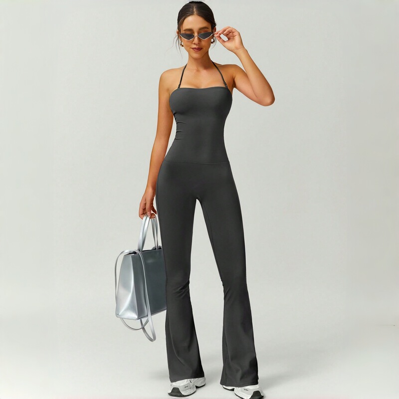 Cross-Border Exclusive Supply of Fashionable Slim-Fit One-Piece Flared Pants for Women, with Straps, Beautiful Back Design, Butt-Lifting, Fitness Yoga Jumpsuit