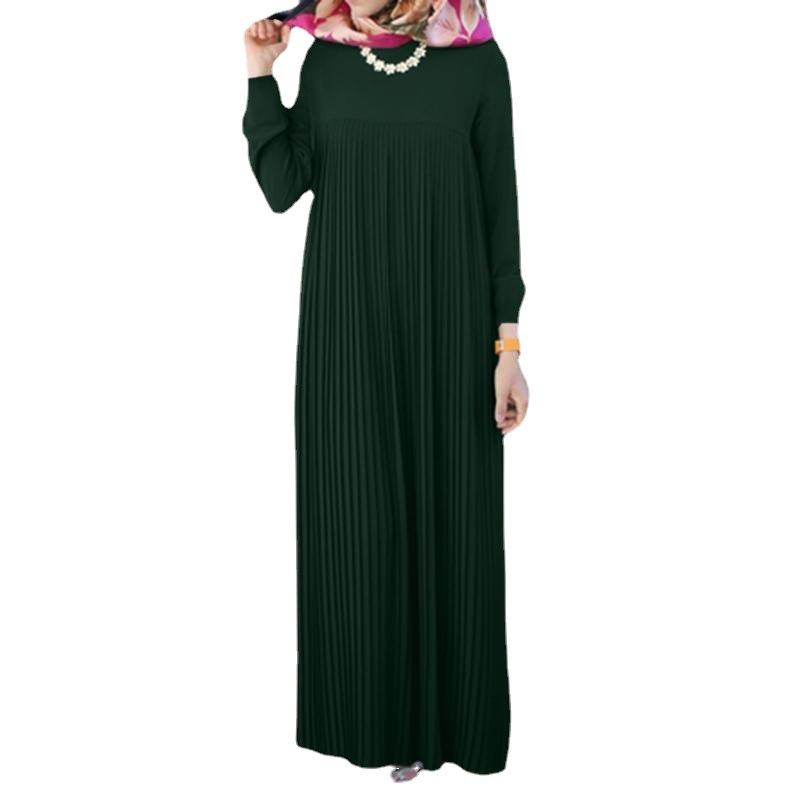 Abito da donna musulmana 2024 in stile arabo, elegante, plissettato, tinta unita, scollo rotondo, maniche lunghe, effetto stropicciato_voghion.com