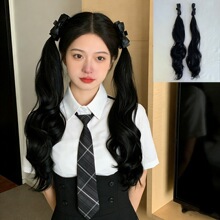 抖音热销女假发马尾大波浪抓夹丝绒蝴蝶结卷发辫子双马尾现货批发