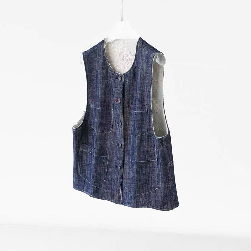Out of Australia! Authentic Pure Cotton and Linen Denim + Embroidered Round-Neck Sleeveless Vest Jacket for Women in Autumn