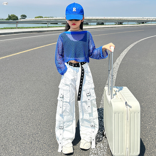 Girls' Set 2024 Summer New Medium and Large Children's Mesh Hollow Long Sleeve T with Multiple Pockets Work Pants Fashion Two-Piece Set
