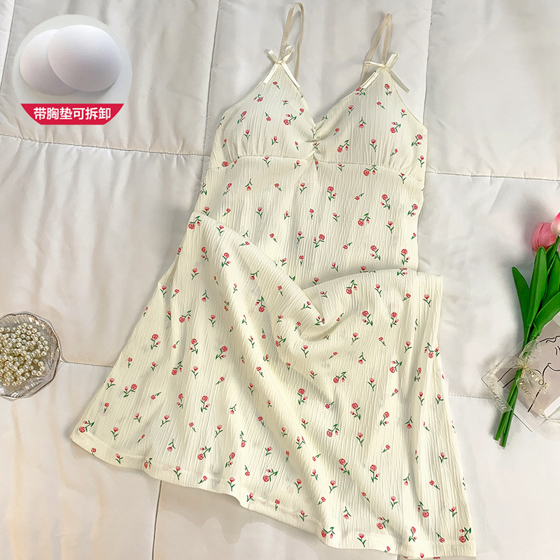 Camisón fino de algodón de imitación de verano, falda media para mujer, dulce, pequeña y fresca con almohadilla para el pecho, camisón para el hogar, comercio exterior al por mayor, Douyin