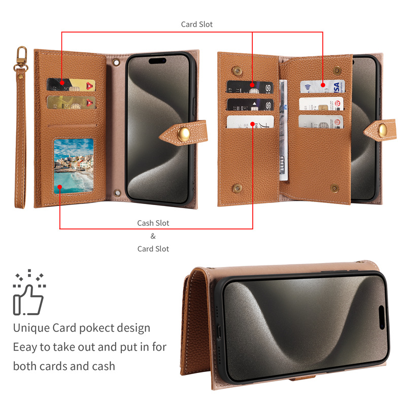 Ốp lưng da gập chống rơi cho iPhone 15 Pro Max, có khe đựng thẻ — [Màu đen★Ví da Togo] Bao da lật, [Màu nâu vàng★Ví da Togo] Bao da lật, [Màu trắng★Ví da Togo] Bao da lật, 【Voi xám★Ví da Togo] Bao da lật chi tiết 3