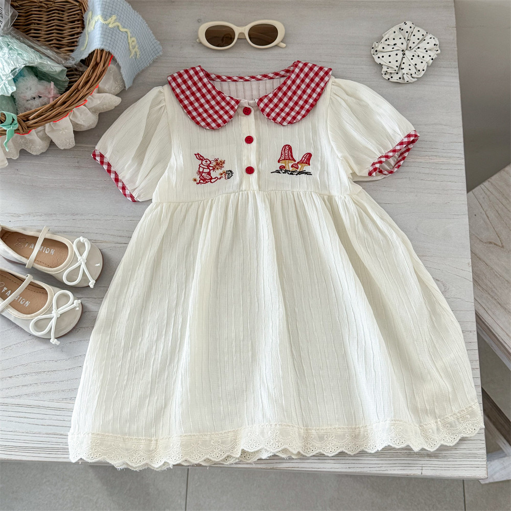 Vestido de siete niñas de limón salado nuevo verano niña bebé vestido de verano coreano con cuello de muñeca bordado falda de manga corta de conejito