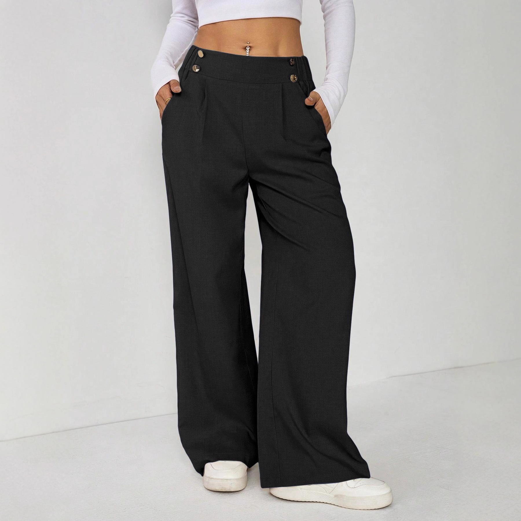 Women's Wide Leg Straight Leg Trousers Casual Fashion European American Style Button Decoration Commuting Pants_ecoleips.com