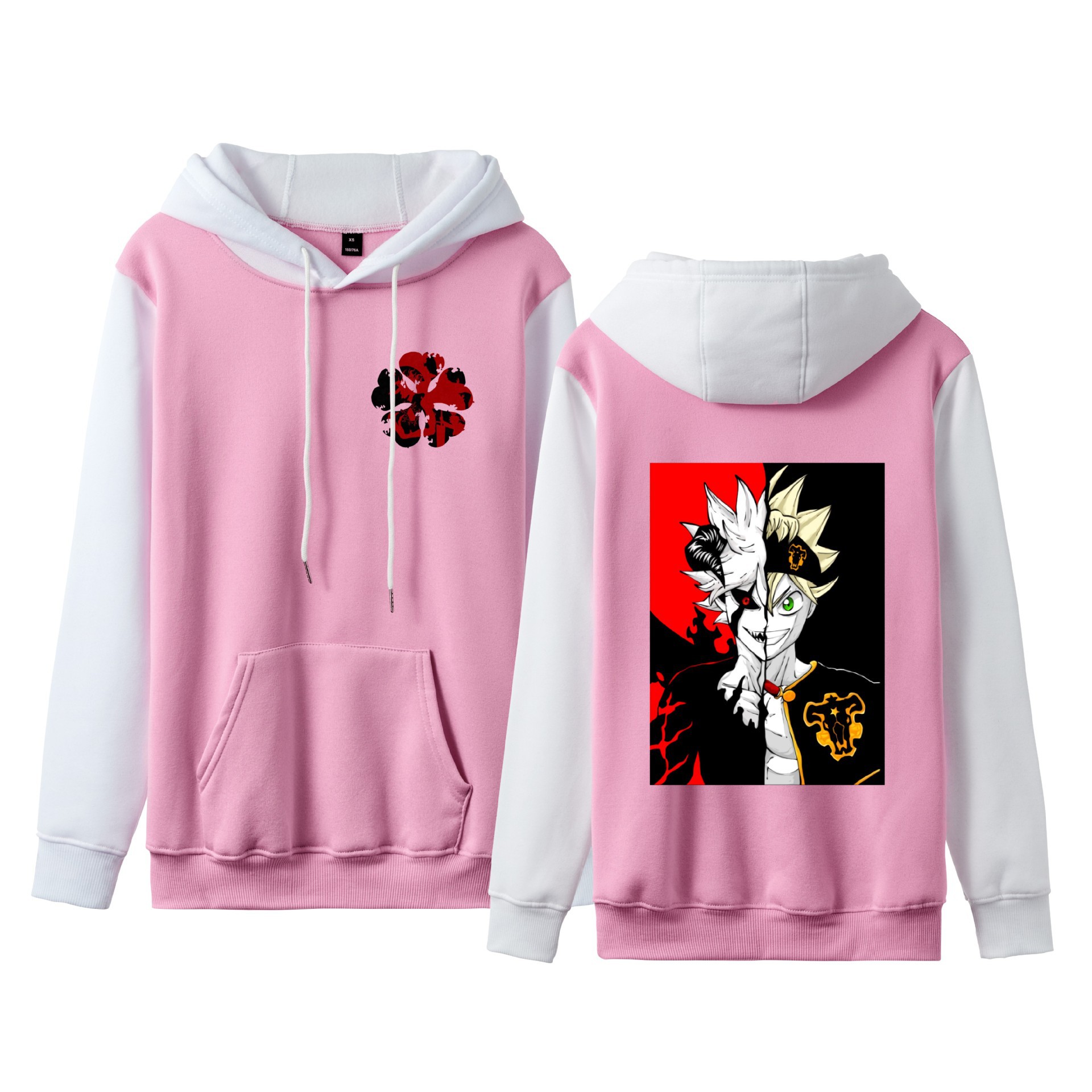Trébol de cuatro hojas negro Black Clover suéter de pareja de talla grande para hombres y mujeres sudadera con capucha de contraste con capucha