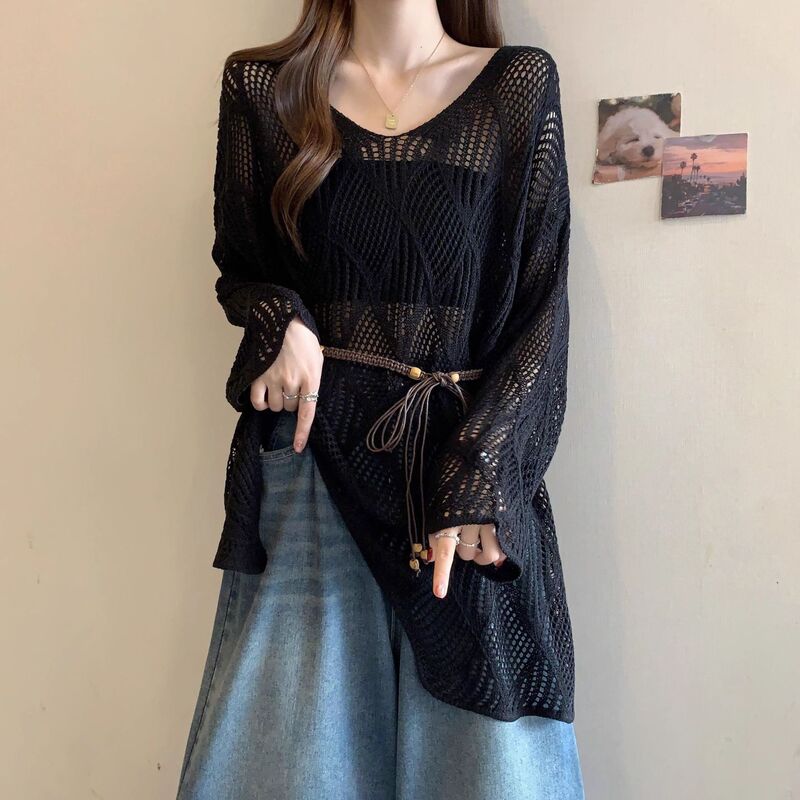法式慵懒风v领镂空针织衫女夏季新款胖mm时尚中长款防晒罩衫上衣|undefined