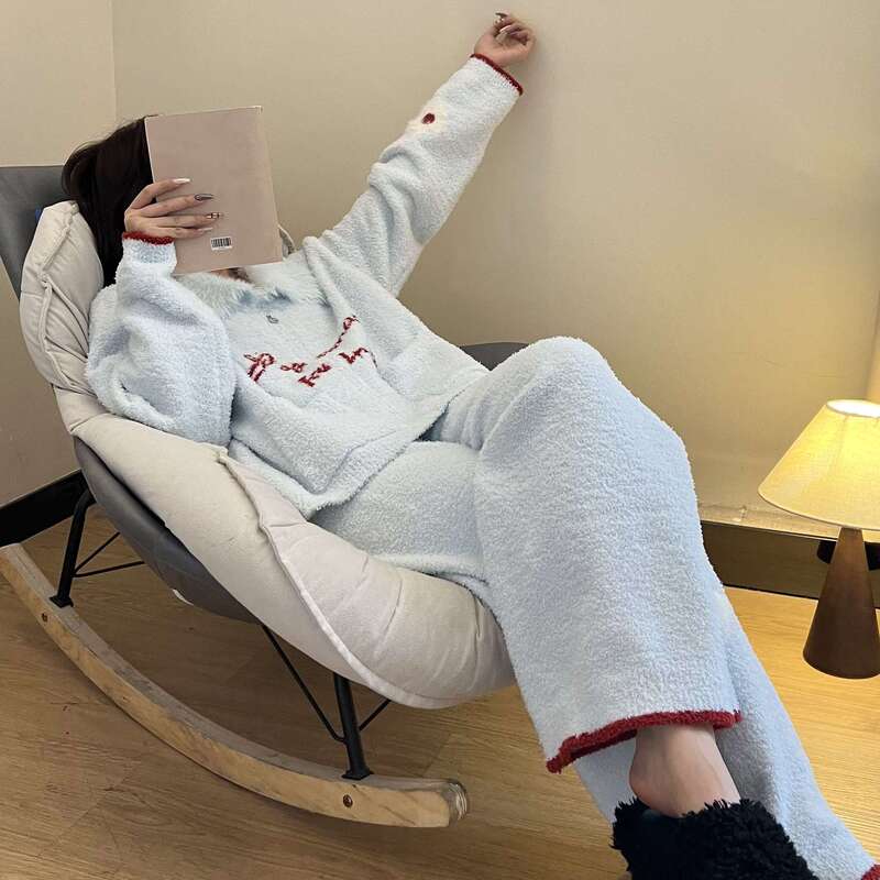 日系少女半边绒睡衣女款冬季2025新款大码宽松加厚保暖家居服套装|undefined