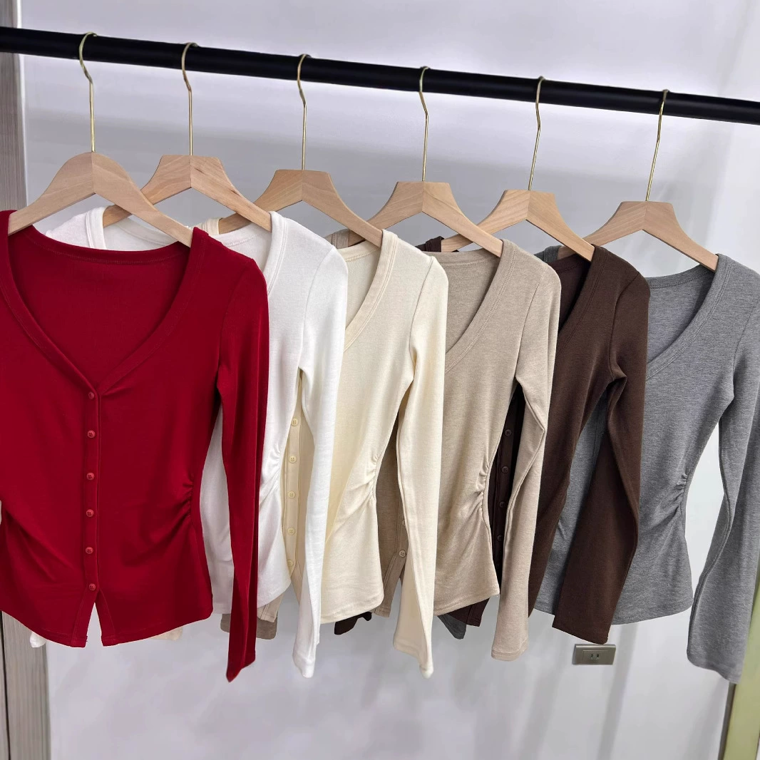 2024 осень и зима новый чистый низкий V-образный вырез с длинными рукавами