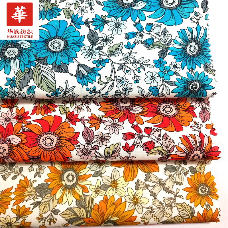 供应多种全棉府绸印花 向日葵 太阳花田园风女装童装布料现货批发