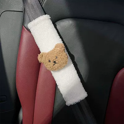 Cover, Lamb Velvet Bear Head, Seat belt shoulder pad - lambskin-white-shoulder-pads-coffee-bear-head