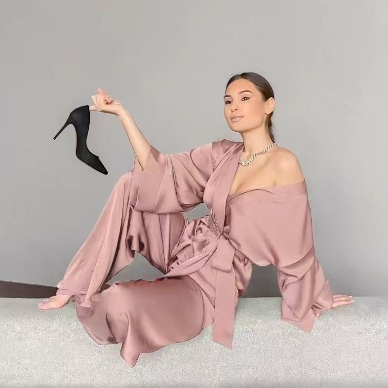 European and American Foreign Trade Hot-Selling Sexy Sleepwear for Women, Long-Sleeve Cardigan with Tie, Robe, Top, and Pants Two-Piece Set