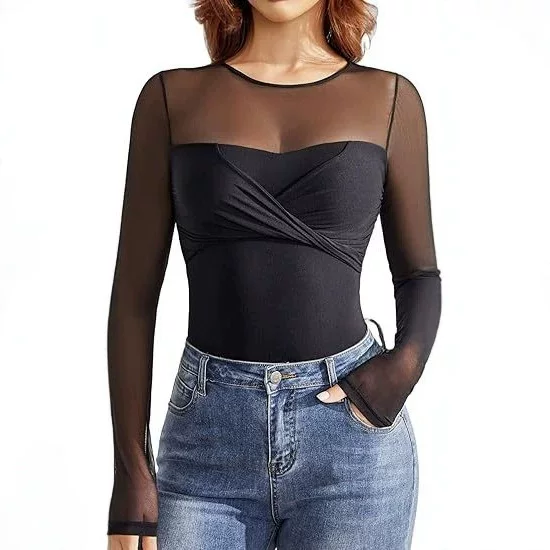 European and American Cross-Border 2026 Amazon New Model Round Neck Mesh Patchwork See-Through Long-Sleeve Tight-Fitting Sexy Bodysuit