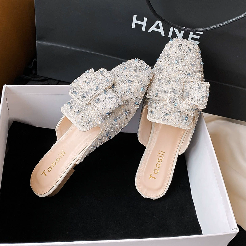 2024, новые однослойные туфли с квадратным носком, универсальные однослойные туфли с квадратным носком и полуподдержкой, с закрытым носком, женская летняя верхняя одежда, сандалии с бантом