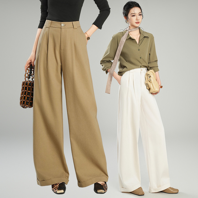 Hua Ge Diqing Spring New Tencel Wool Wide-Leg Pants for Women High Waist Slimming Floor-Length Casual Suit Trousers