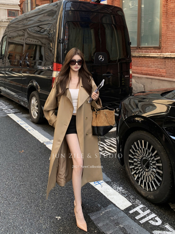 风衣女中长款外套南韩大女主气质经典宽松高个子翻领双排扣大衣|undefined