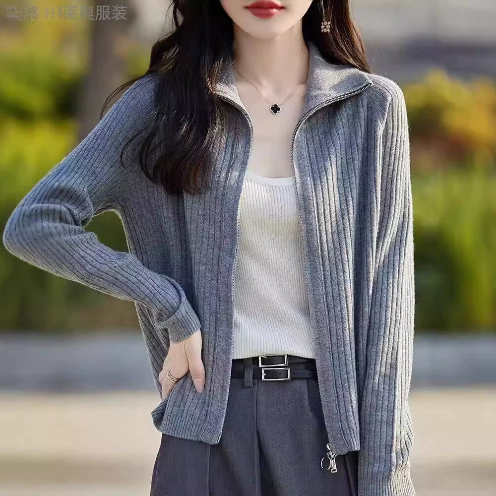 100 чистый шерстяной трикотажный кардиган женский дизайн двойной застежки-молнии