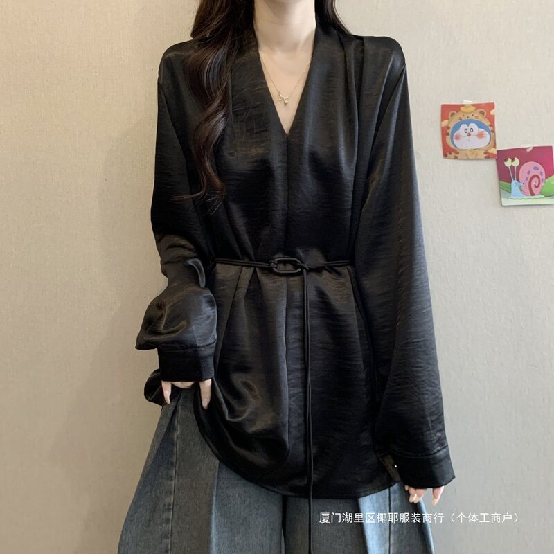 Acetate Satin Floating Collar Long-Sleeved Shirt Early Autumn 2025 New Large Size Women's Fat Waist Top